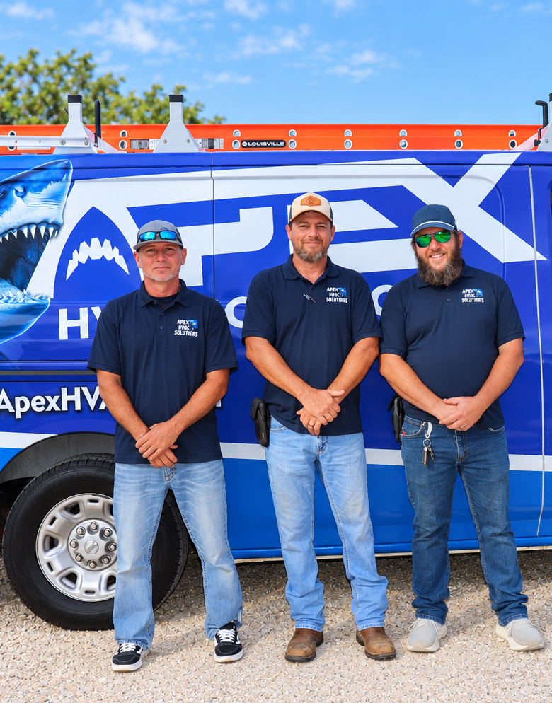 Apex HVAC Solutions technicians standing in front of a branded heating and cooling service van