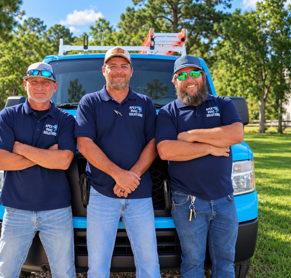 Three Apex HVAC Solutions technicians standing in front of a blue service van outdoors